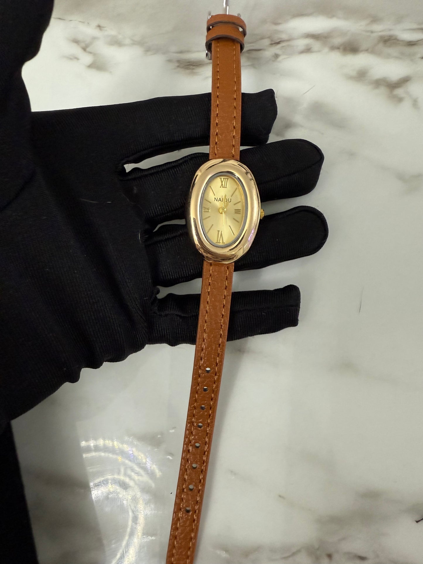 Burgundy luxury leather oval watch - PrettyCuteWrist
