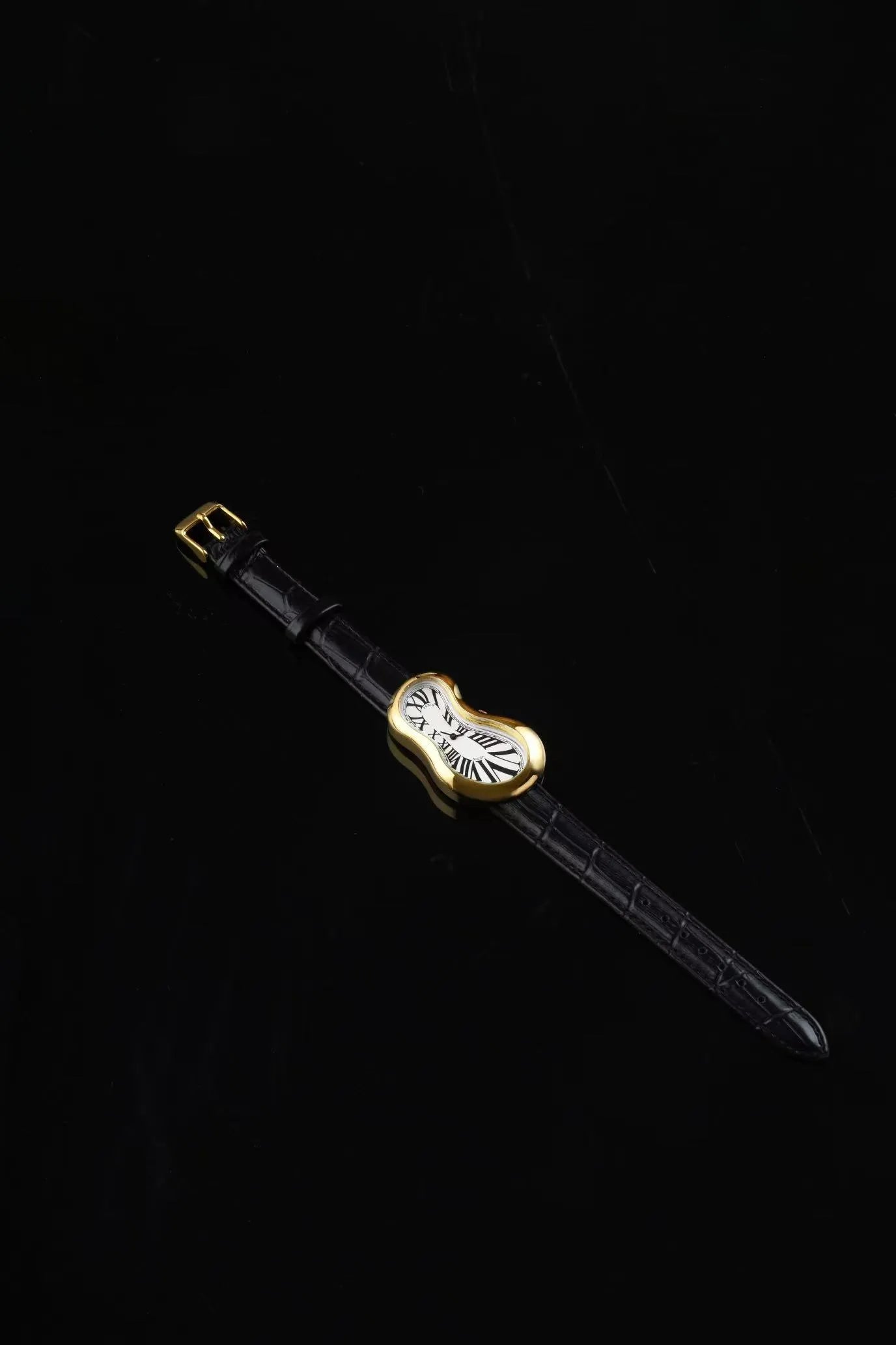 Luxury vintage inspired leather gold watch, Melting watch crash Unisex