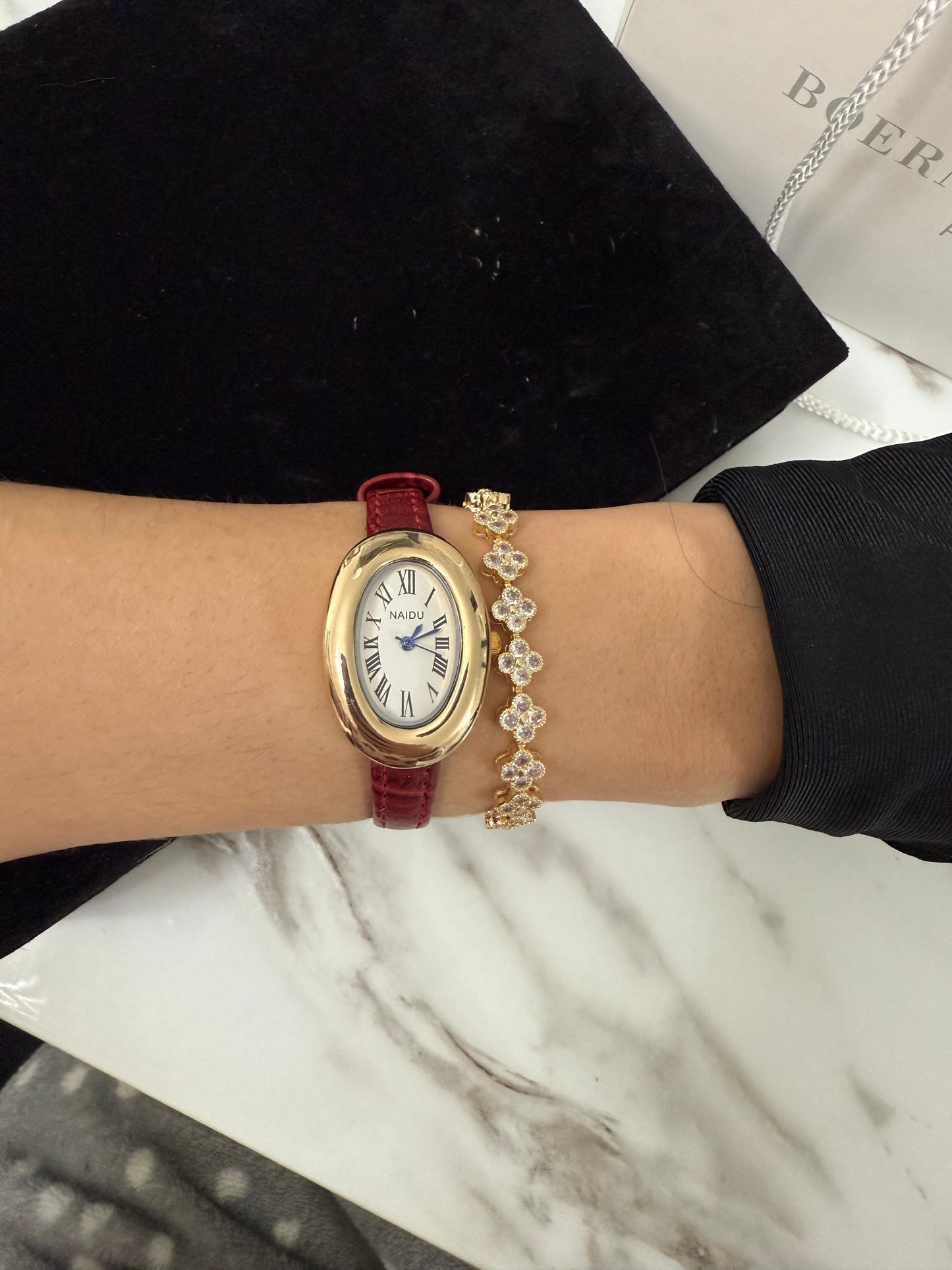 Red luxury leather oval watch - PrettyCuteWrist