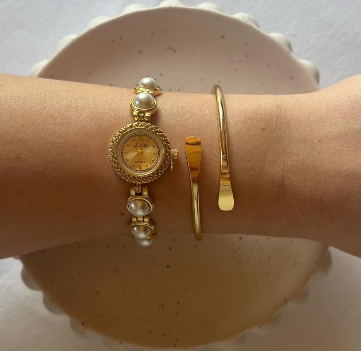 Vintage pearl Watch, Women Gold Watch