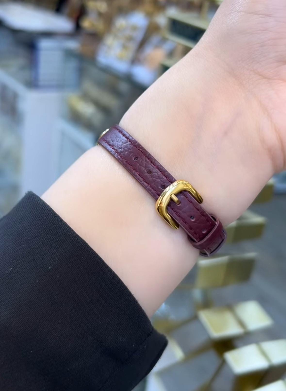 Burgundy Vintage watch for women, luxury leather watch