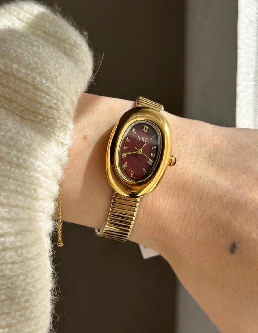 Burgundy Vintage watch for women, luxury leather watch