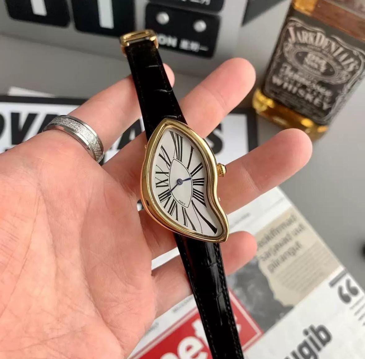 Luxury vintage inspired leather gold watch, Melting watch Unisex crash