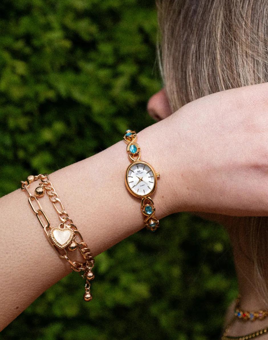 Montre vintage en or et argent, montre femme Dainty Blue Gemstone