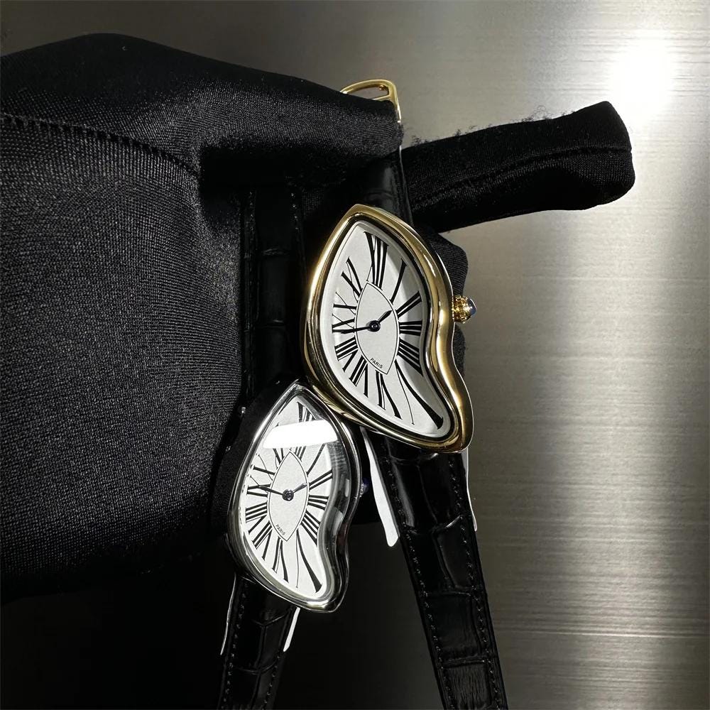 Luxury vintage inspired leather gold watch, Melting watch Unisex crash