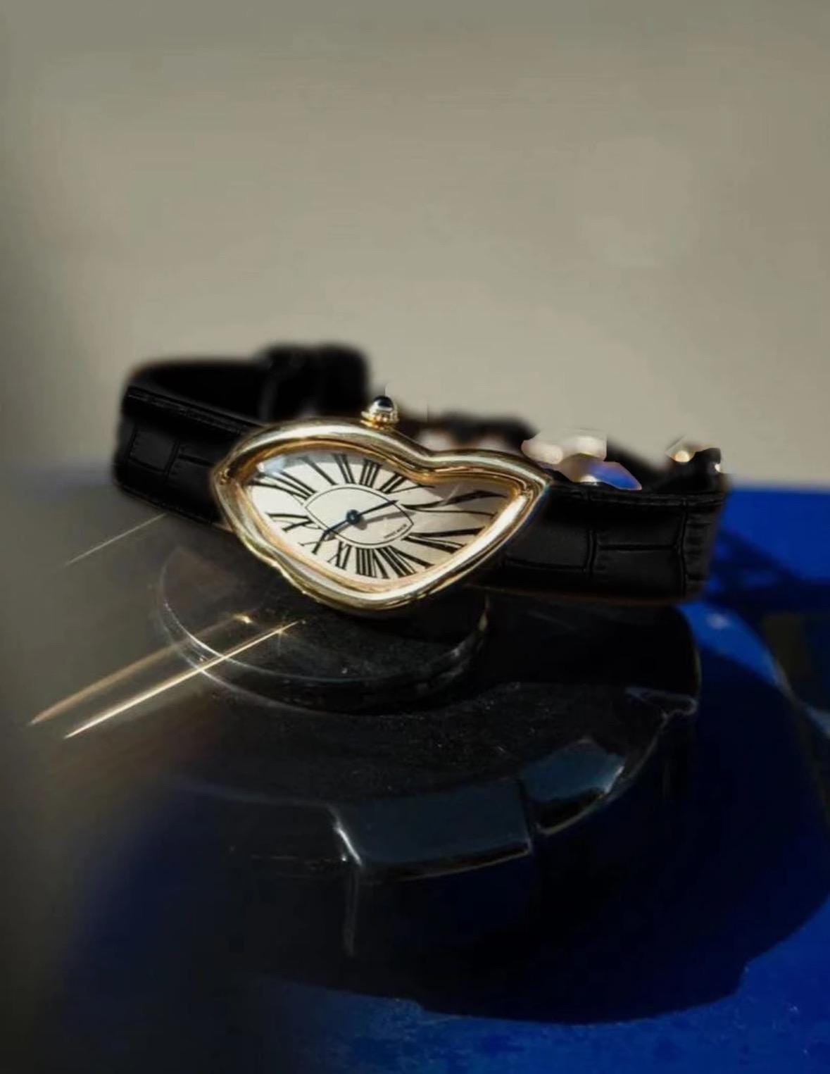 Luxury vintage inspired leather gold watch, Melting watch Unisex crash