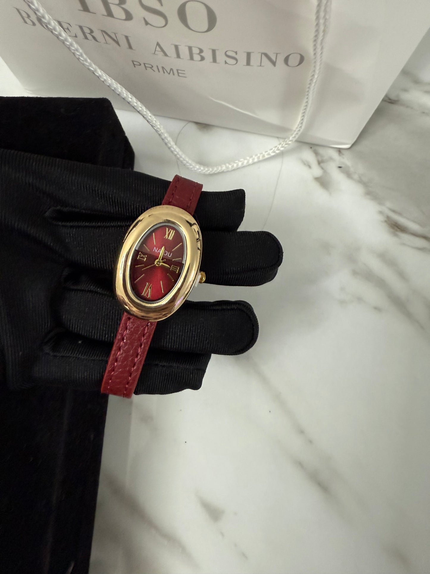 Burgundy luxury leather oval watch - PrettyCuteWrist