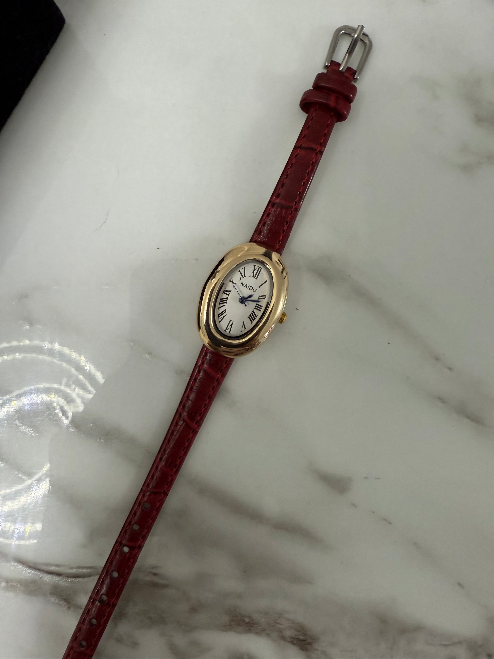 Red luxury leather oval watch - PrettyCuteWrist