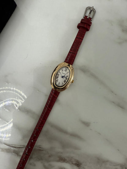 Red luxury leather oval watch - PrettyCuteWrist