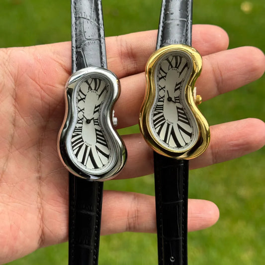 Luxury vintage inspired leather gold watch, Melting watch crash Unisex
