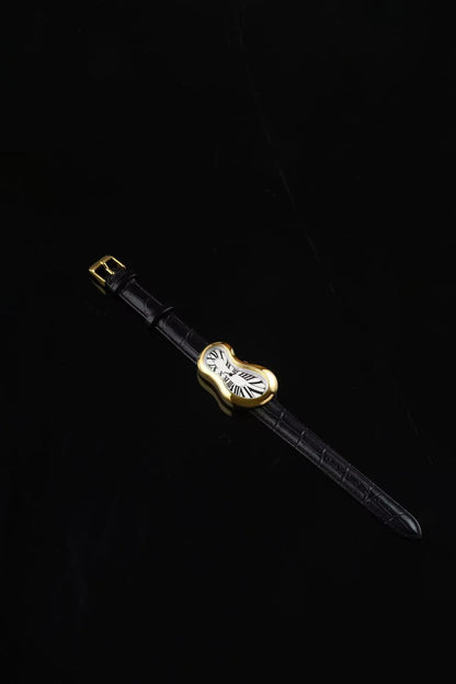 Luxury vintage inspired leather gold watch, Melting watch crash Unisex