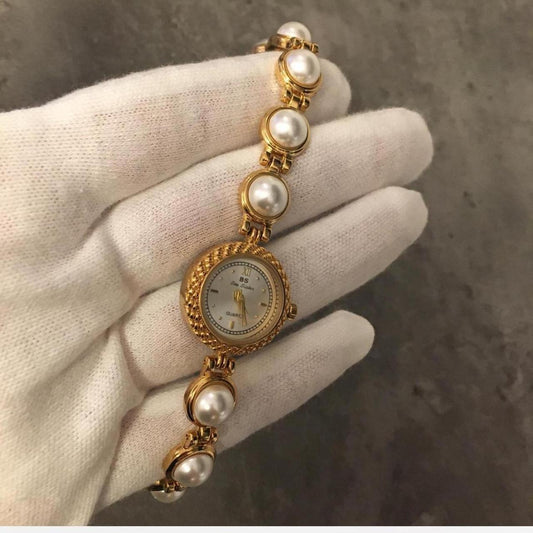 Montre vintage en perles, montre en or pour femme