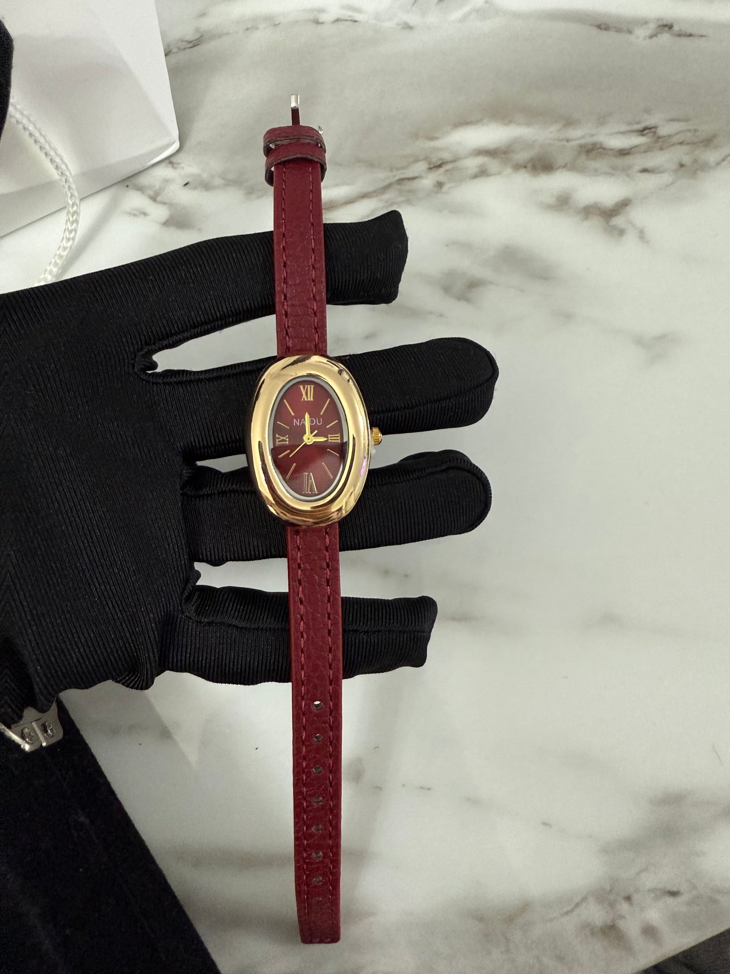 Burgundy luxury leather oval watch - PrettyCuteWrist