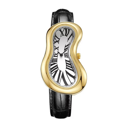 Luxury vintage inspired leather gold watch, Melting watch crash Unisex