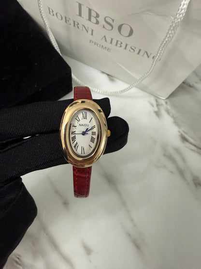 Red fake leather oval watch - PrettyCuteWrist