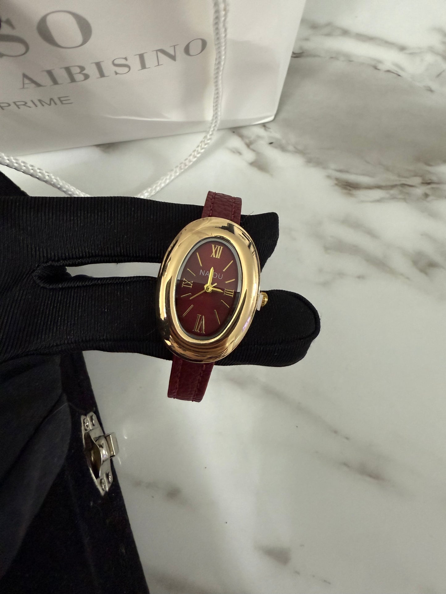 Burgundy luxury leather oval watch - PrettyCuteWrist