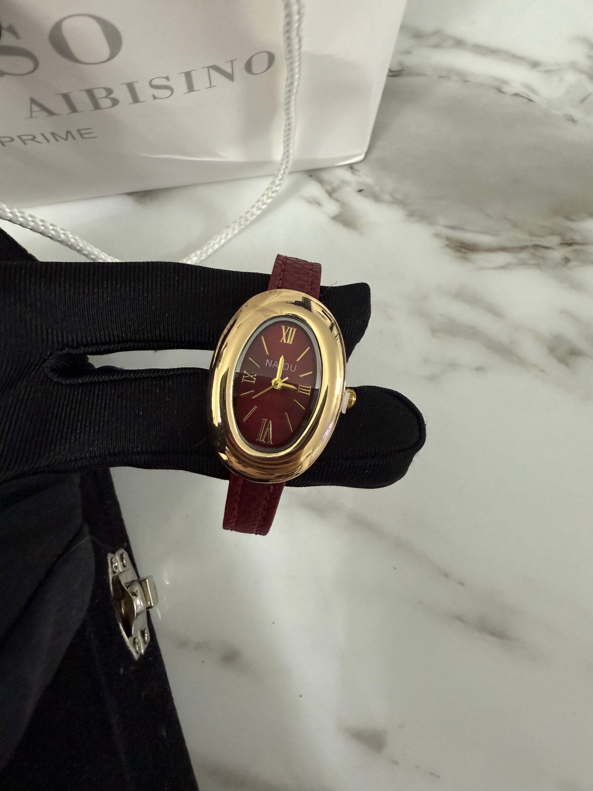 Burgundy luxury leather oval watch - PrettyCuteWrist