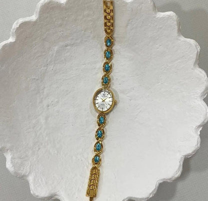 Montre vintage en or et argent, montre femme Dainty Blue Gemstone