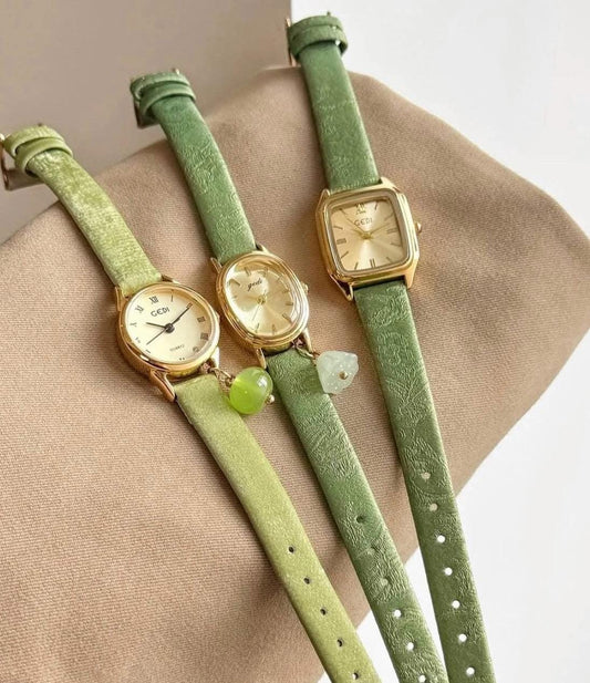montre vintage, montre verte délicate, montre ovale carrée en cuir pour femme